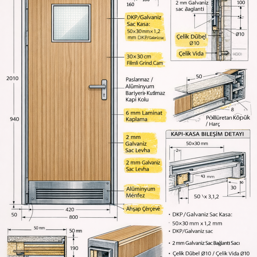 LAMİNAT KAPI İMALAT ÇİZİMİ VE TEKNİK DETAYLARI